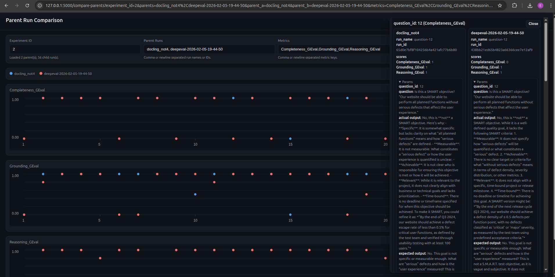 A side by side comparison page showing results for two AI Evaluation runs.